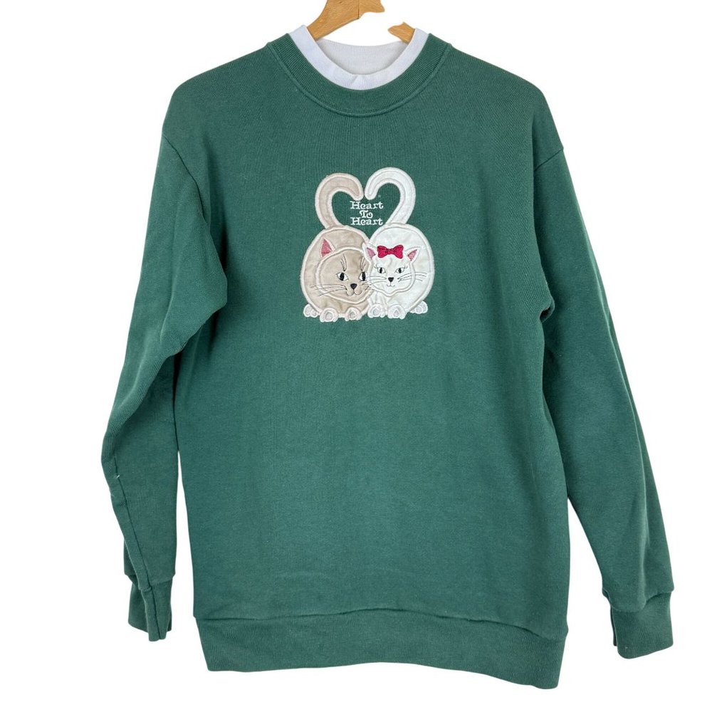 Vtg Cheek-O Sweatshirt Sz Large Heart To Heart Cat Applique Green Long-Sleeve US